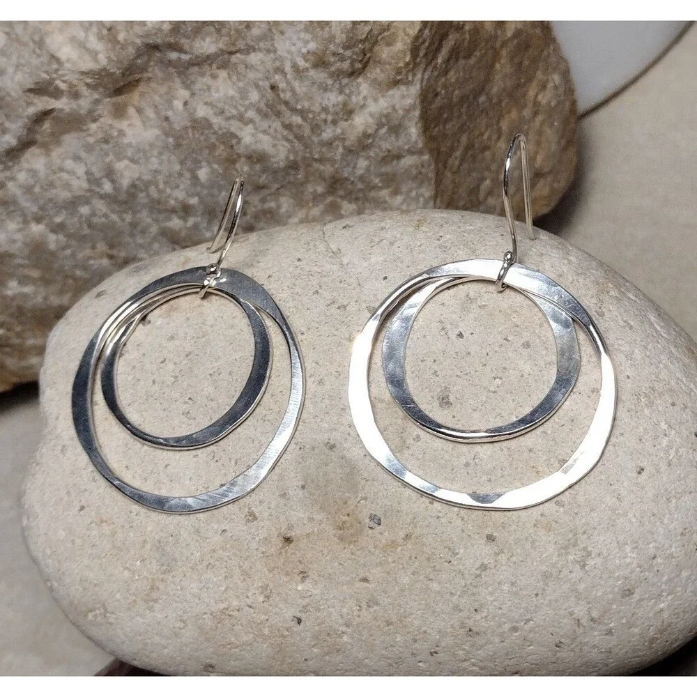 Hammered Sterling Silver 925 Double Hoop Circle Dangle Earrings 2